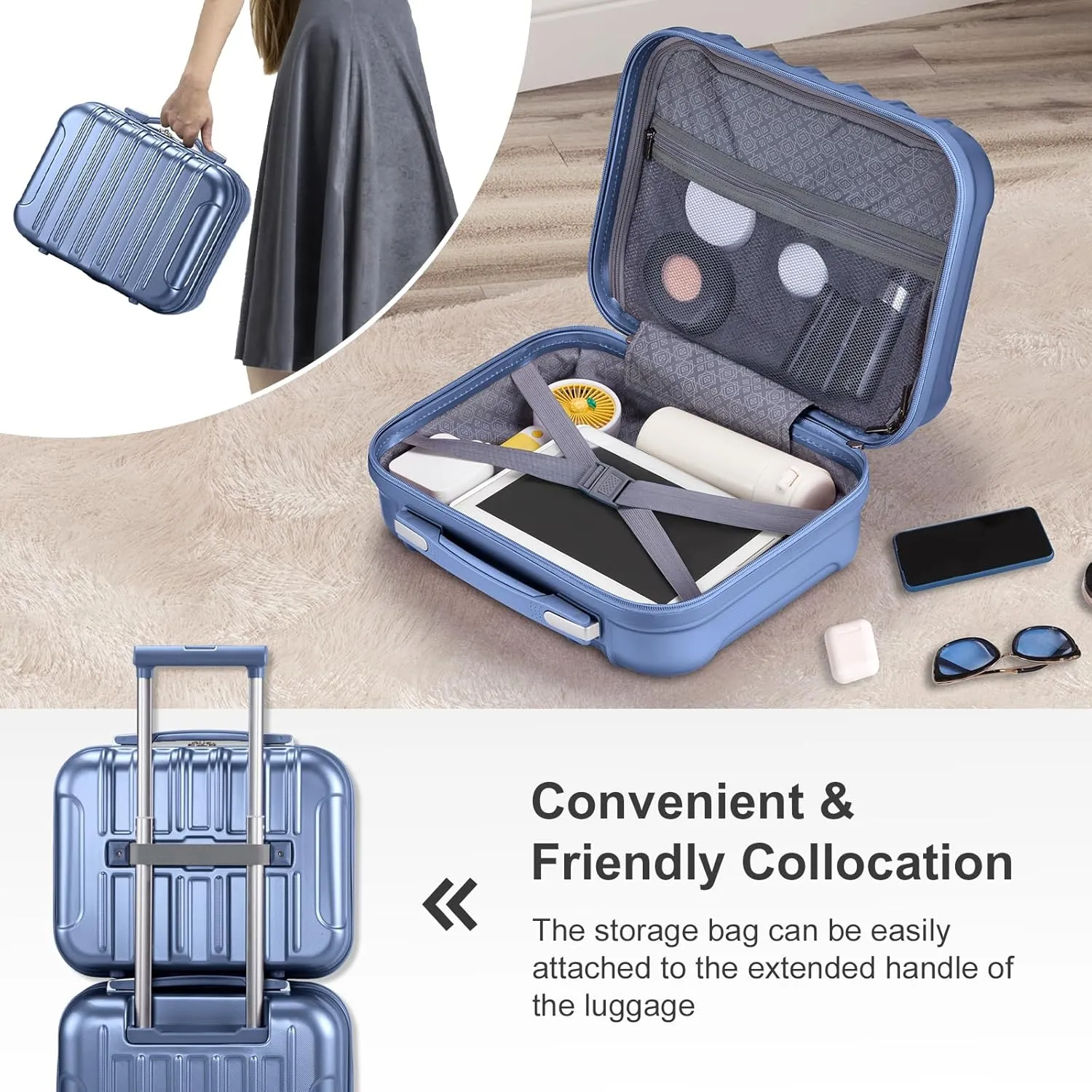 2 Piece Luggage Sets,20 Inch Expandable Carry On Suitcase,Rolling Hardshell PC Travel Suitcase,Lightweight Luggage,with 14" Mini Cosmetic Cases,for Men and Women (Blue)