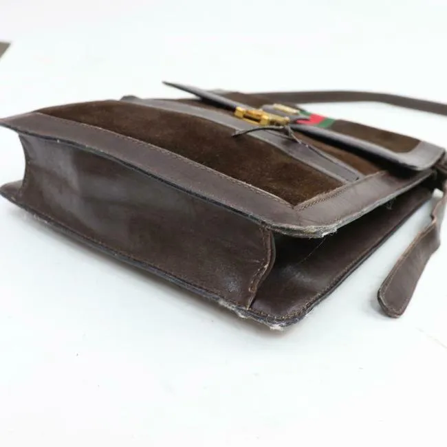 Gucci Vintage Bodyshoulder Purse Brown Suederedgreen Stripe Leather Messenger Bag