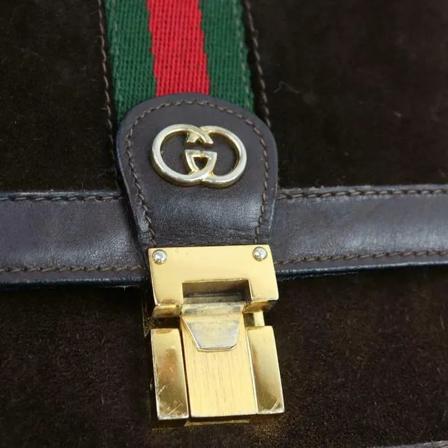 Gucci Vintage Bodyshoulder Purse Brown Suederedgreen Stripe Leather Messenger Bag