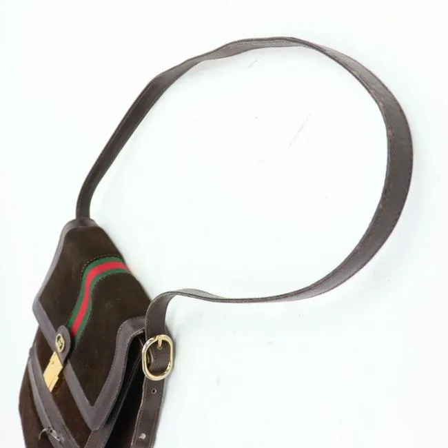 Gucci Vintage Bodyshoulder Purse Brown Suederedgreen Stripe Leather Messenger Bag