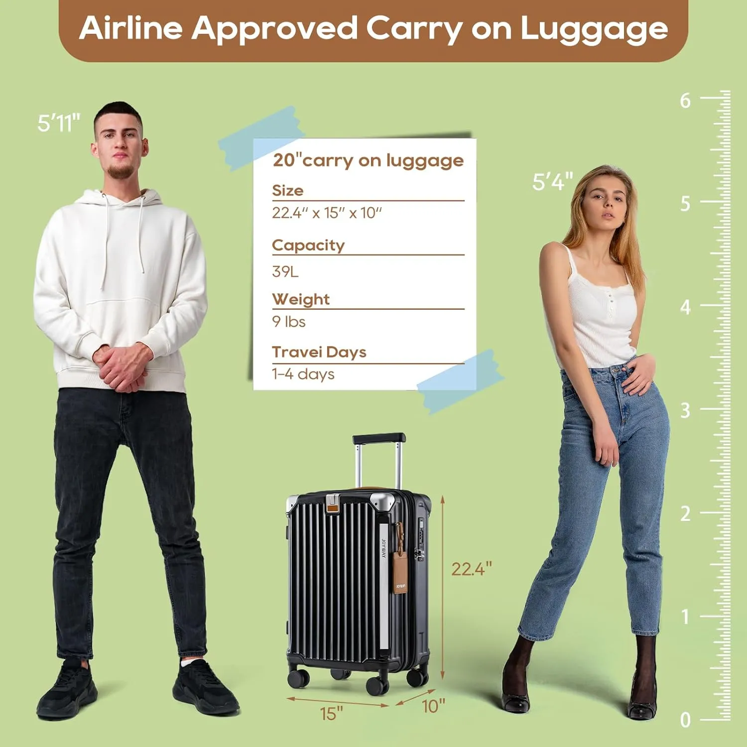 Joyway Carry On Luggage, Expandable Suitcase with Smart Cup Holder and USB Port, 20 IN Hardside Checked with TSA Lock Spinner Double Wheels, Black