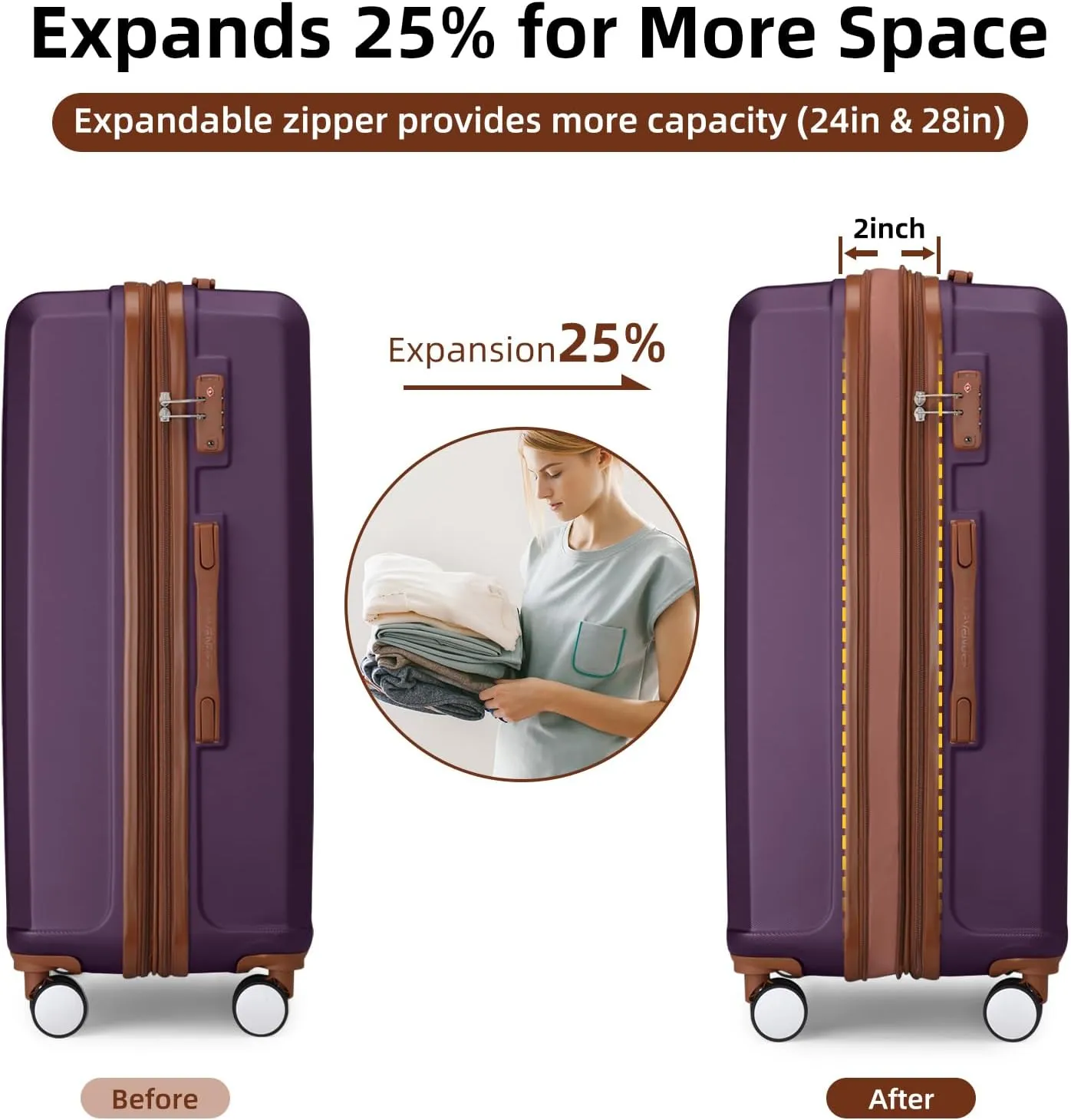 LARVENDER Luggage Sets 6 Piece, Expandable Hardside Suitcase Set Carry on Luggage with Spinner Wheels, Lightweight Travel Luggage Set with TSA Locks for Men and Women, Purple