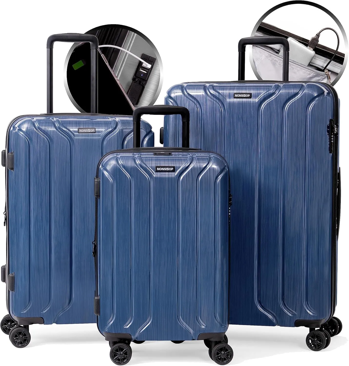 NONSTOP New York Elite Luggage Expandable Lightweight Spinner Wheels hard side shell Travel Suitcase Set, TSA Lock, Double USB Port, 3 packing cubes, Denim Blue, 3-piece Set (20/24/28) W/Power Bank
