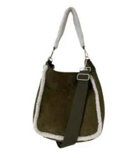 Suede Army Classic Messenger w/White Sherpa Trim & 2 Straps