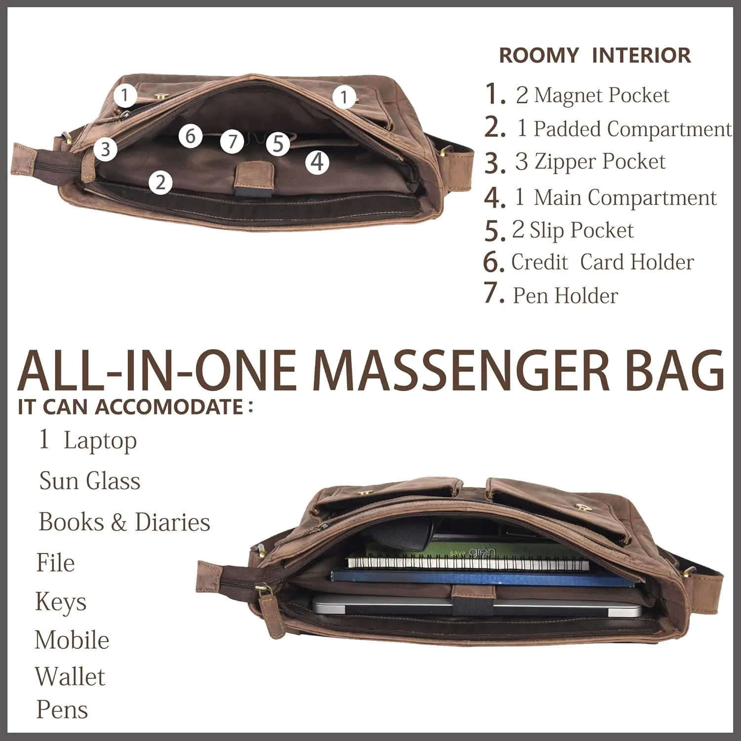 VALENCHI Leather Messenger Bag For Men - Laptop Messenger Briefcase & Shoulder Bag-Office, Work, Travel