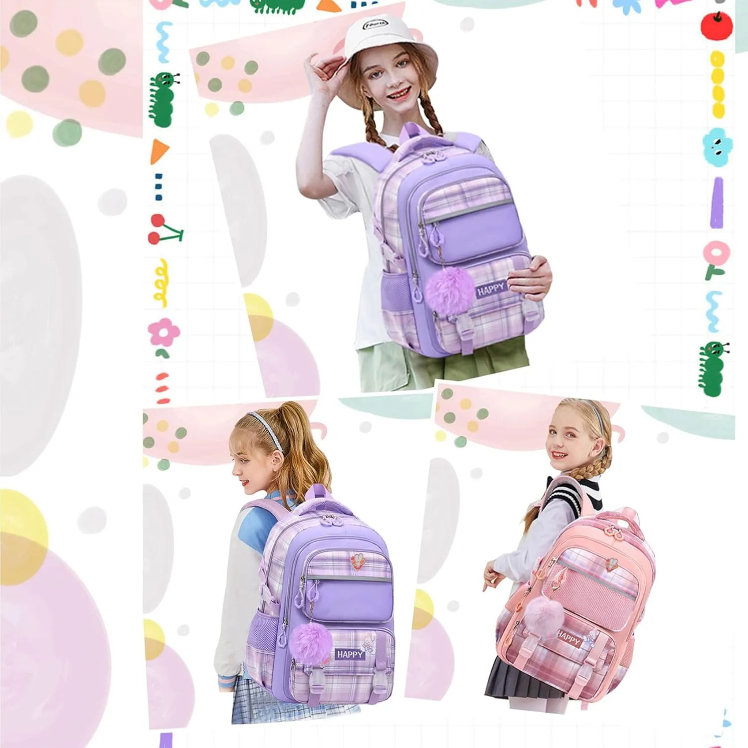 WYCY Kids Backpack School Backpacks for Girls Large Bookbags for Teen Girls Cute Book Bag with Compartments (School bag Insulated Lunch Bag Pencil Case Purple)