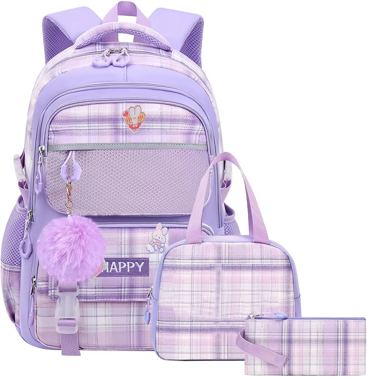 WYCY Kids Backpack School Backpacks for Girls Large Bookbags for Teen Girls Cute Book Bag with Compartments (School bag Insulated Lunch Bag Pencil Case Purple)