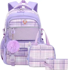 WYCY Kids Backpack School Backpacks for Girls Large Bookbags for Teen Girls Cute Book Bag with Compartments (School bag Insulated Lunch Bag Pencil Case Purple)
