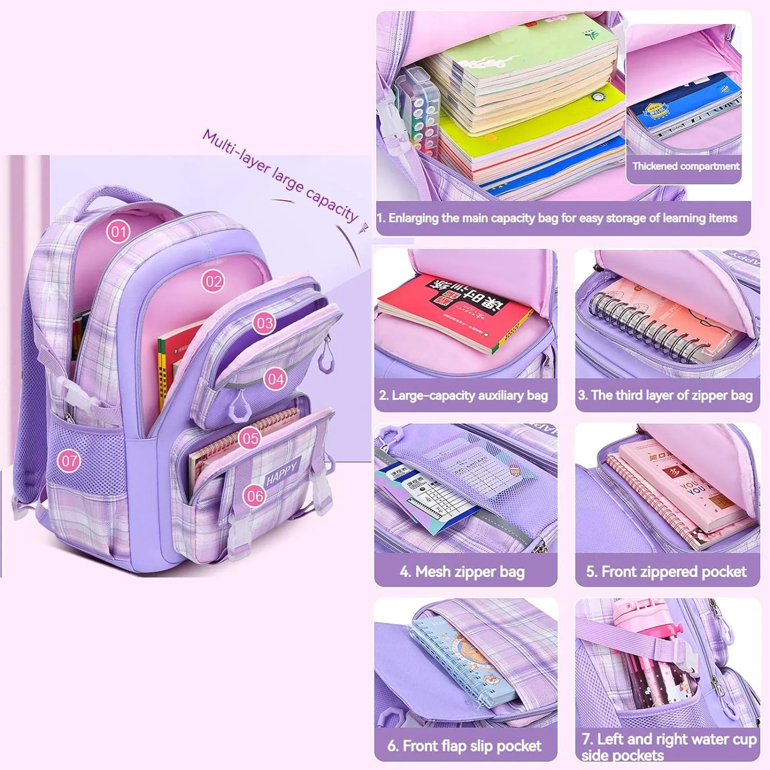 WYCY Kids Backpack School Backpacks for Girls Large Bookbags for Teen Girls Cute Book Bag with Compartments (School bag Insulated Lunch Bag Pencil Case Purple)